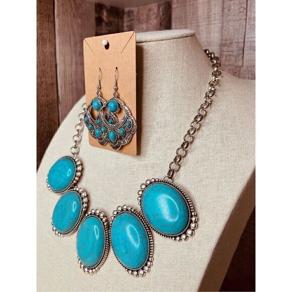 New Fashion Jewelry Set Southwest Faux Turquoise Statement Necklace Matching - Picture 2 of 15